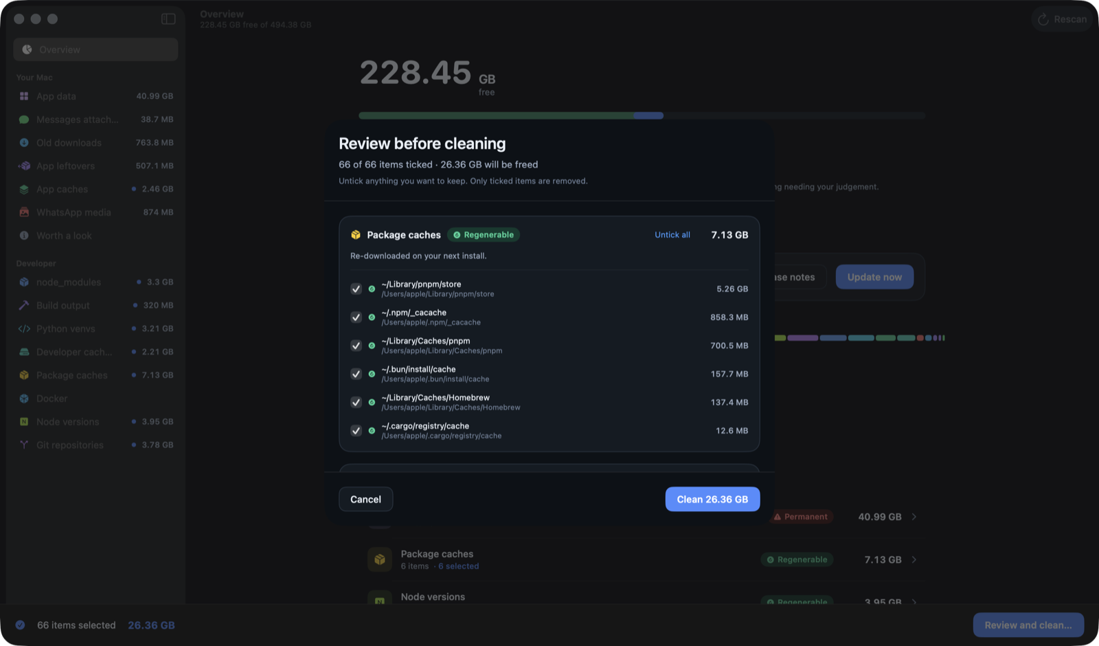 Dustloft’s review screen listing 66 items totalling 26.36 GB, each with a checkbox, full path and size